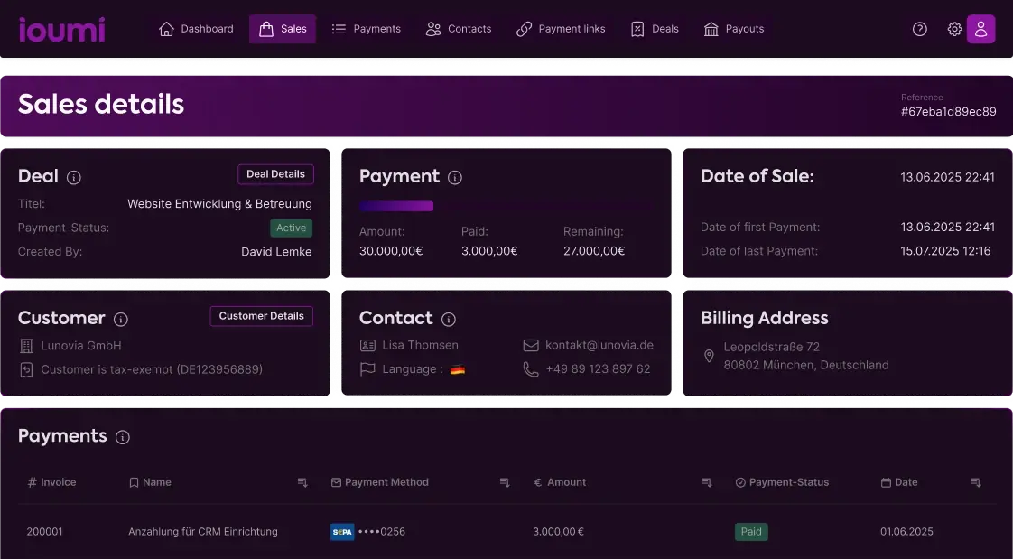 ioumi Dashboard: Deals, Zahlungen und Rechnungen im Überblick