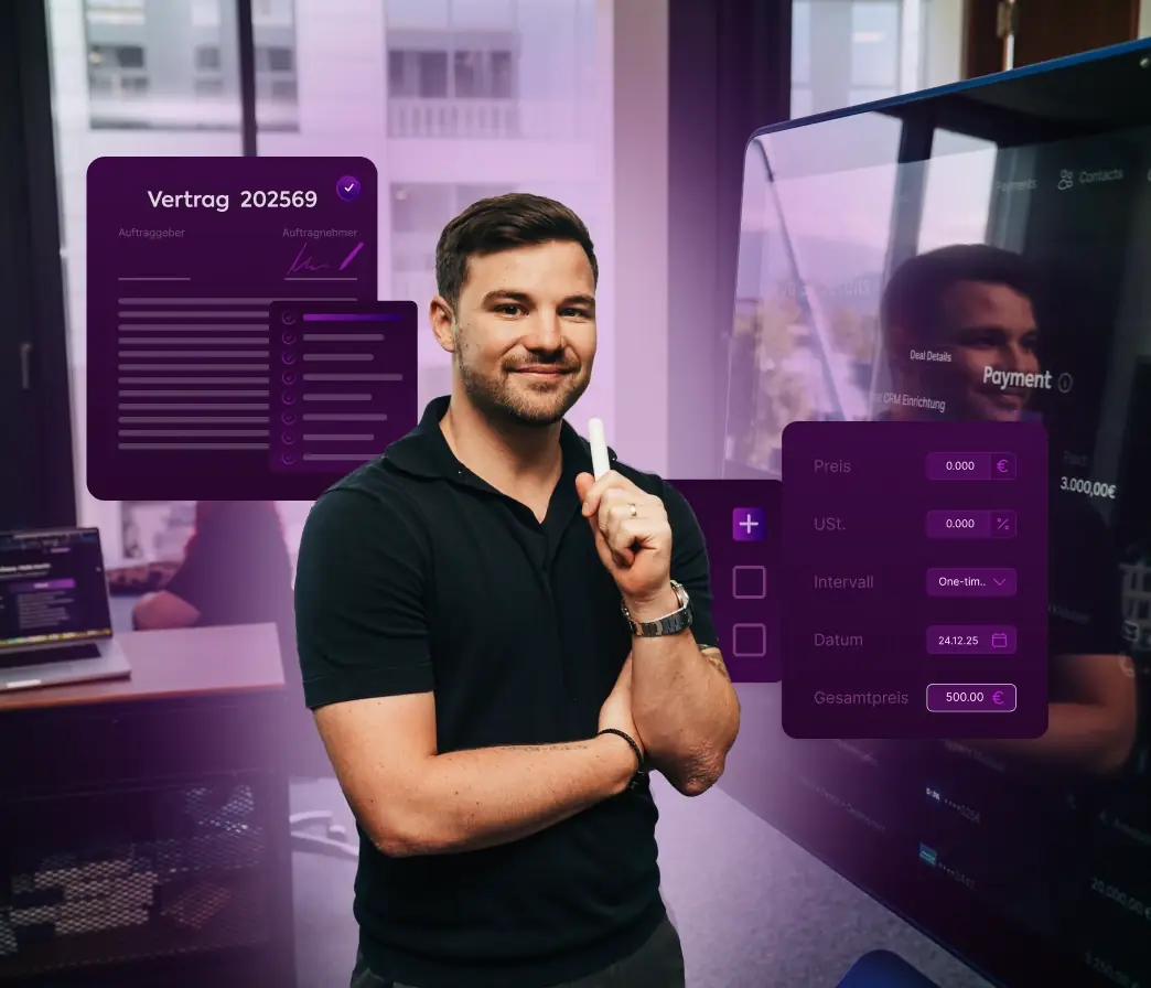 Vertrag mit E-Signatur und Konditionen wie Preis, USt. und Intervall in ioumi Deals