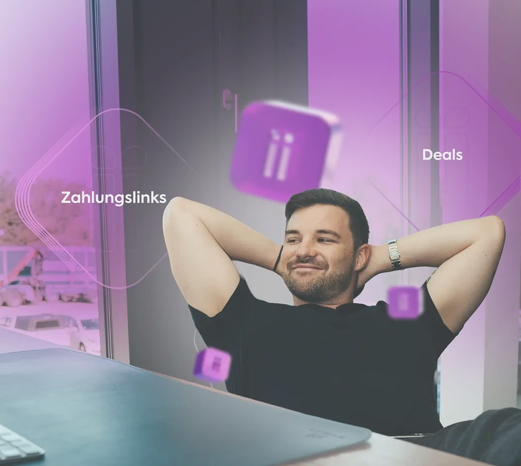 Entspannter Unternehmer im Büro, umgeben von ioumi Deals- und Zahlungslinks-Symbolen