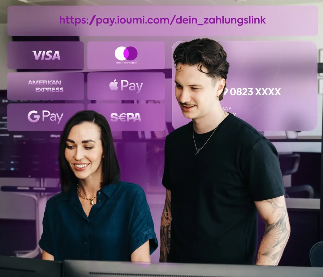 ioumi Checkout mit Zahlungslink pay.ioumi.com und Zahlungsmethoden wie Visa, Mastercard, Apple Pay, SEPA